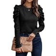 thumbnail image 3 of NFTOEIULA Women Crew Neck Buttons Puff Long Sleeve Tunic Shirt, 3 of 7