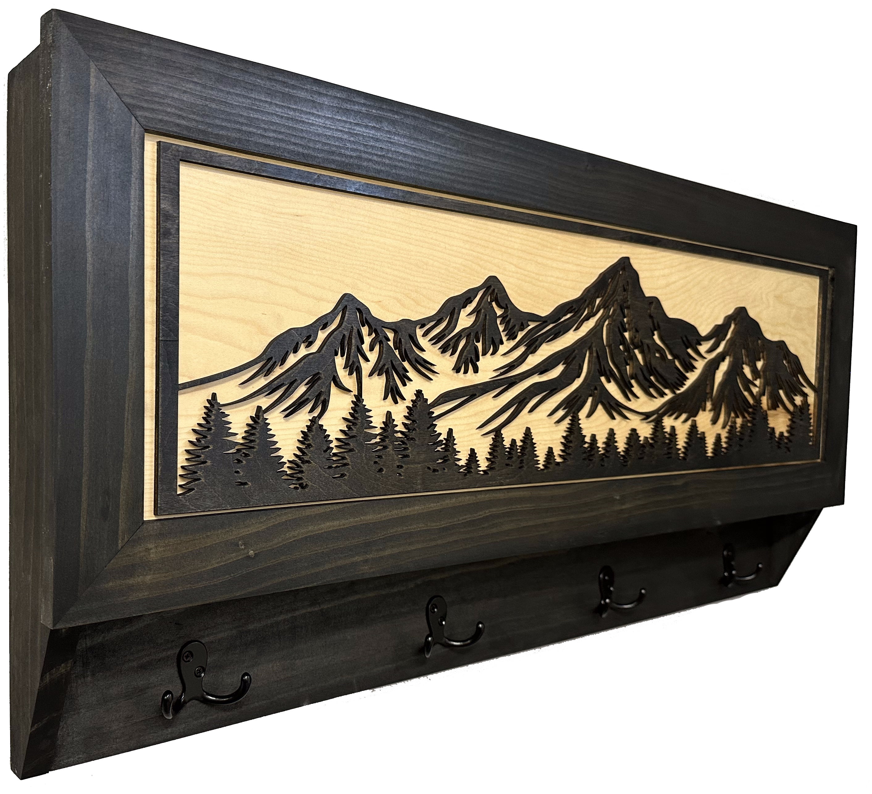 Secure Gun Cabinet with Rustic Mountain Theme Black and Natural Wood Coat Rack