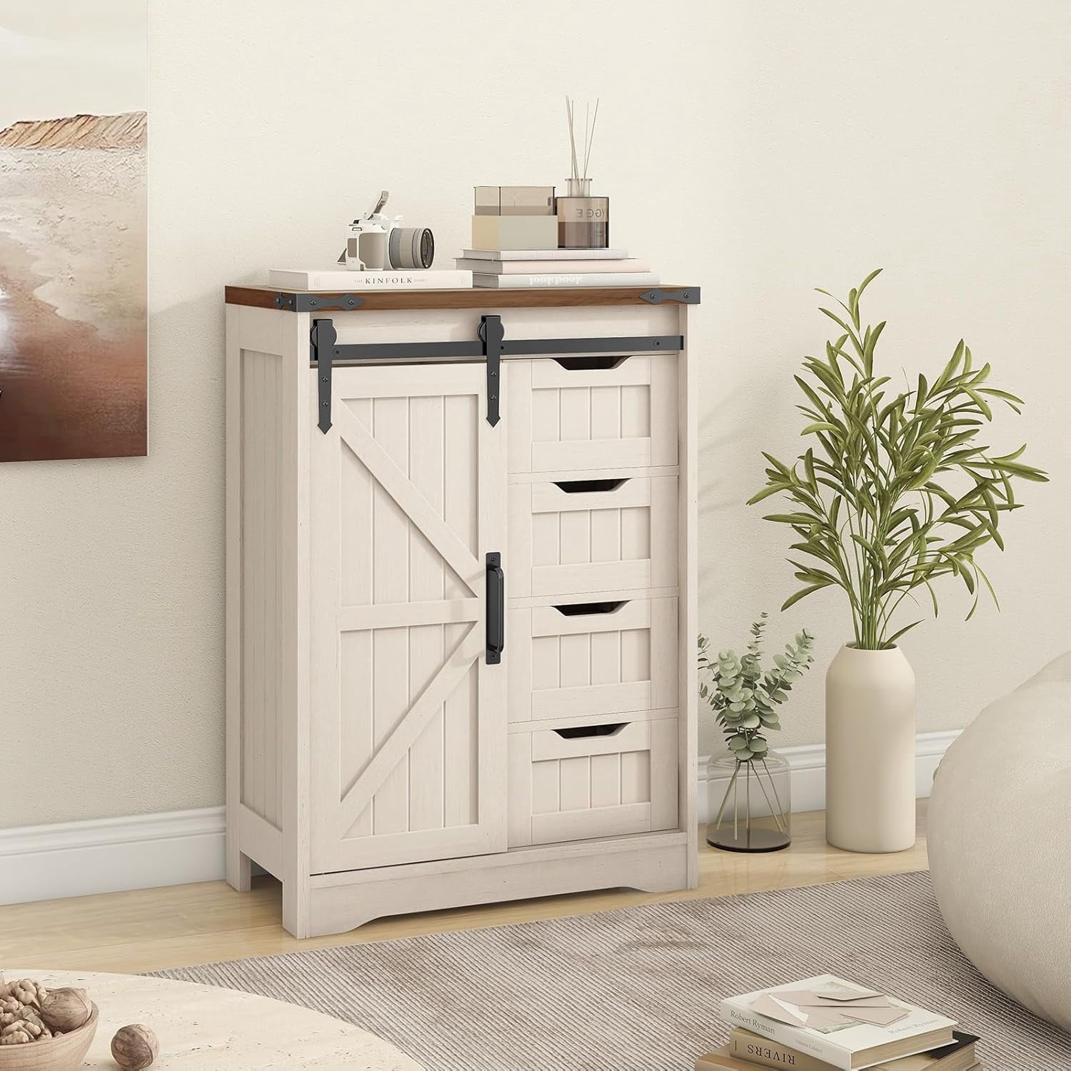 Farmhouse Bathroom Storage Cabinet, Bathroom Cabinet with 4 Drawers and Sliding Door, Farmhouse Floor Storage Organizer for Kitchen, Living Room, Rustic Style, White