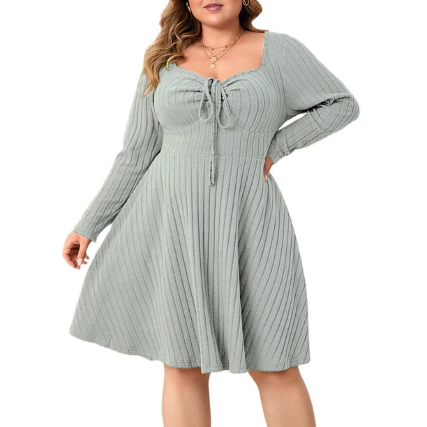 Vestido Casual de Mujer de Talla Grande con Cuello Cuadrado, Larga y Canalé. Gris XL