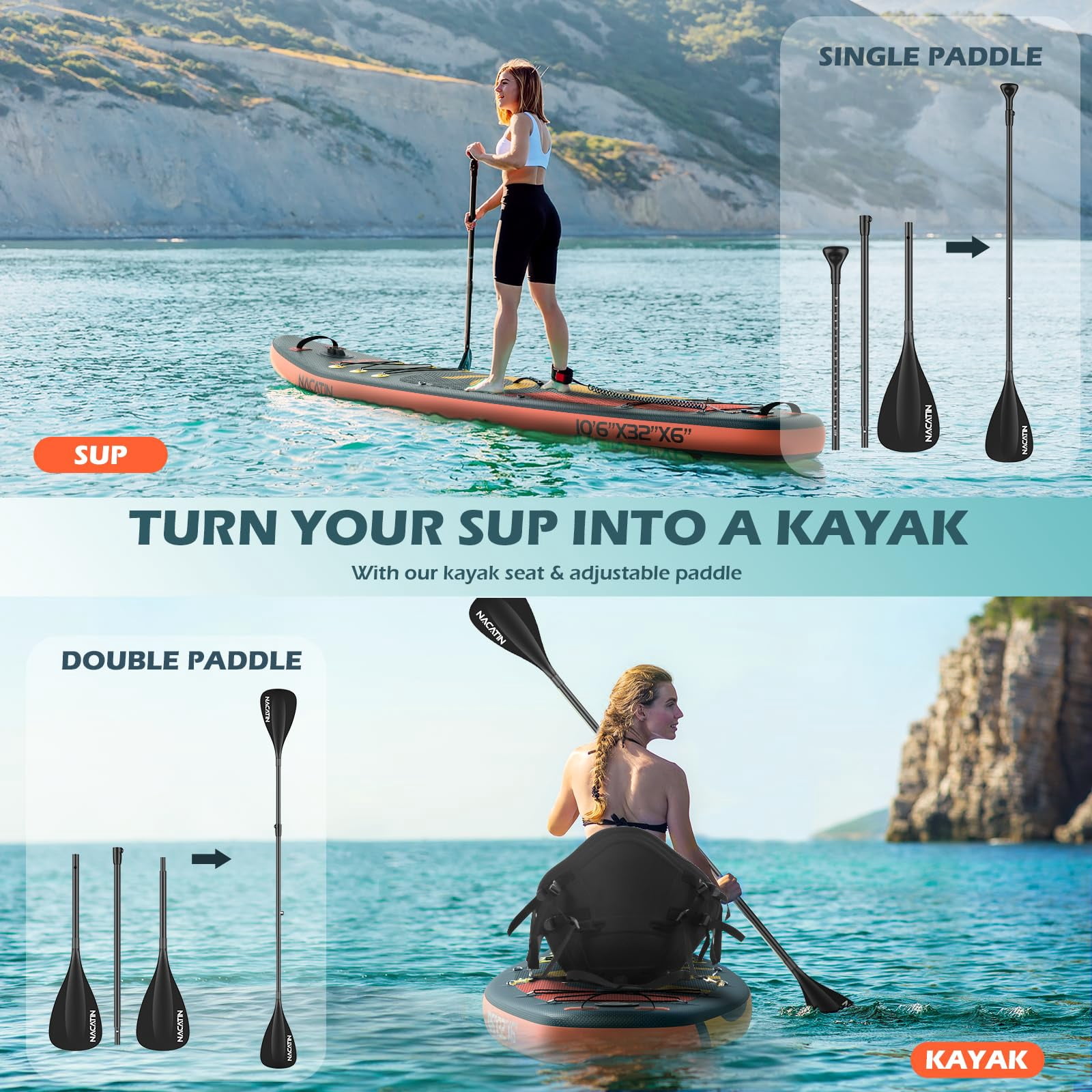 Upgraded Version 10'6" Inflatable Paddle Board Nacatin Stand-Up Paddleboard with Kayak Seat, Premium SUP Board Accessories Kit and Backpack
