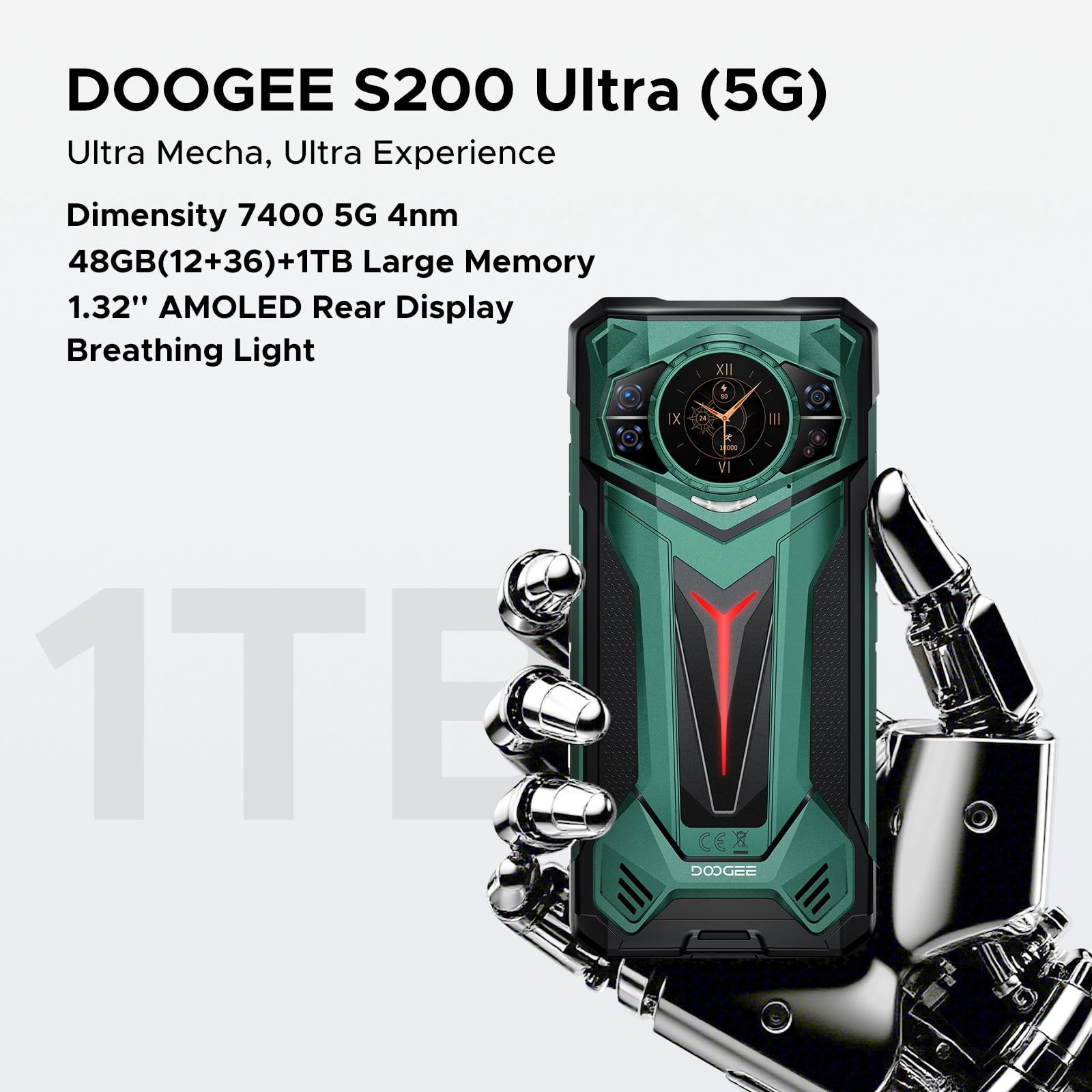 DOOGEE S200 Ultra Rugged Smartphone 5G, 48(12+36)GB+1 TB, 1.32"AMOLED Rear Display, 6.72" FHD&120Hz, 4nm D7400 Android 15, 11000mAh/66W, 100MP+20MP Night vision, Light Effect,Face ID/BT5.4/WiFi6E/NFC