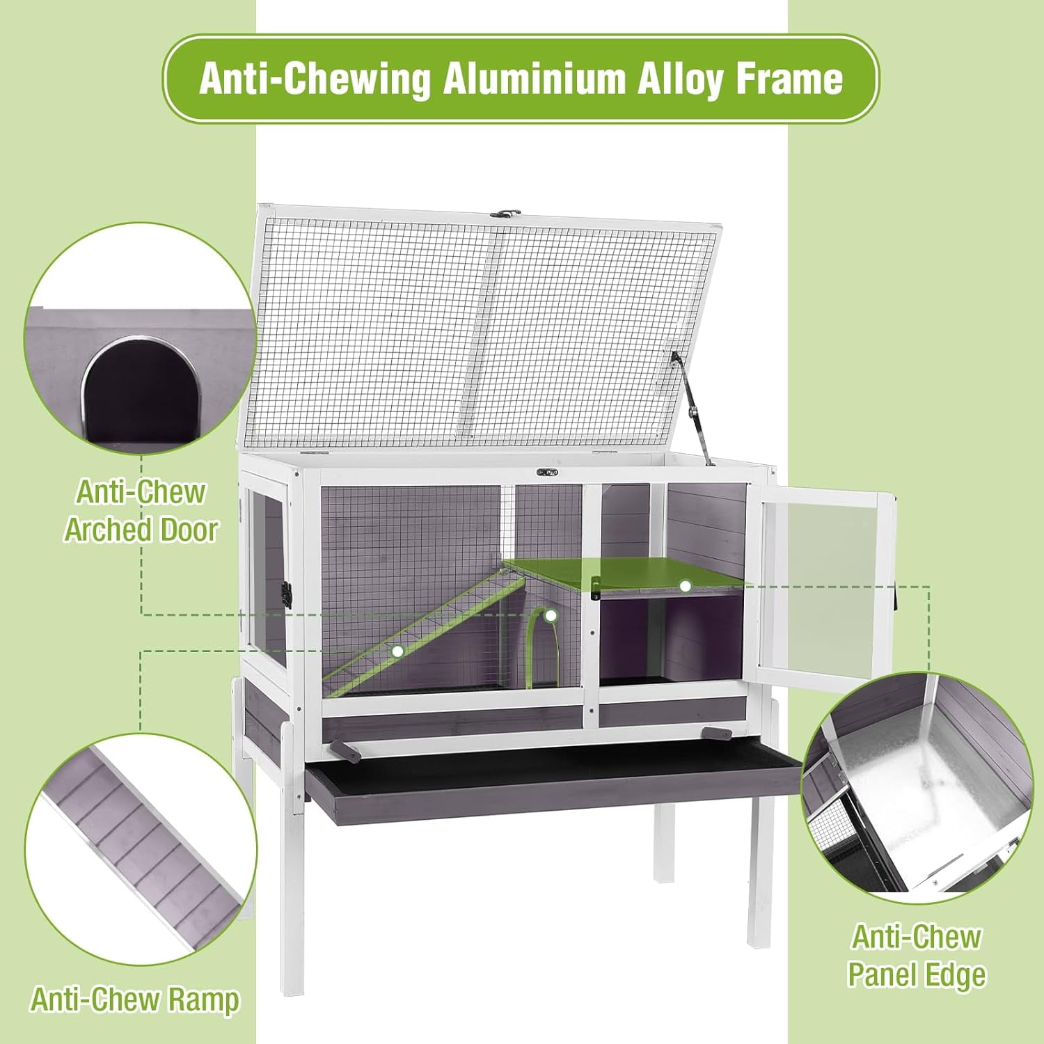 Aivituvin Indoor Guinea Pig Cage Rabbit Hutch with Chew-Proof Ramp, 2-Story Wooden Bunny House with Pull-Out Trays & Leakproof PVC Layer, Small Animal Cages with Detachable Legs (Gray)