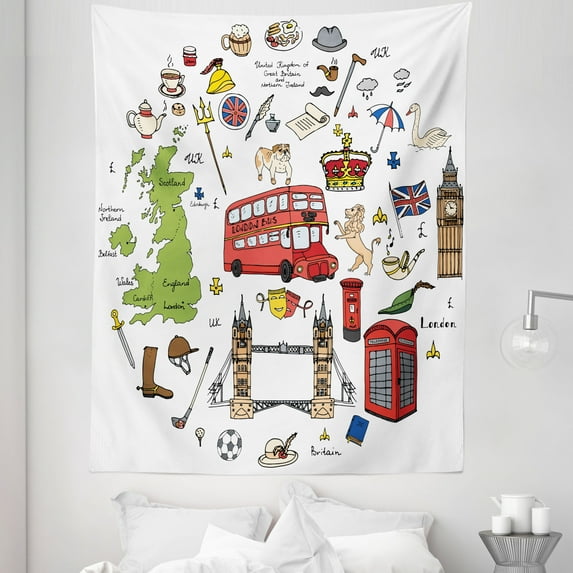 Travel Tapestry, Hand Drawn Famous Tourist Places Big Ben London UK British Monuments Illustration, Fabric Wall Hanging Decor for Bedroom Living Room Dorm, 5 Sizes, Multicolor, by Ambesonne