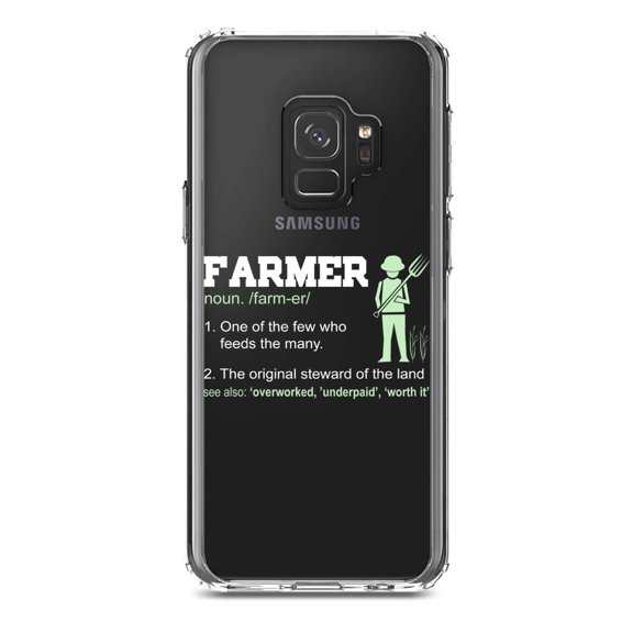 DistinctInk Clear Shockproof Hybrid Case for Samsung Galaxy S9 (5.8" Screen) - TPU Bumper Acrylic Back Tempered Glass Screen Protector - Farmer Definition - Few Who Feeds Many