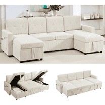 Puremind 103" Pull Out Sofa Bed with Double Storage Chaise, Corduroy U Shaped Convertible Sectional Sleeper Sofa for Living Room, Beige