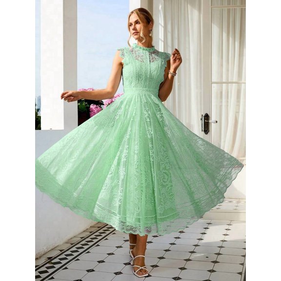 Elegant Mint Green Lace A-Line Midi Dress With Ruffled High Neck For