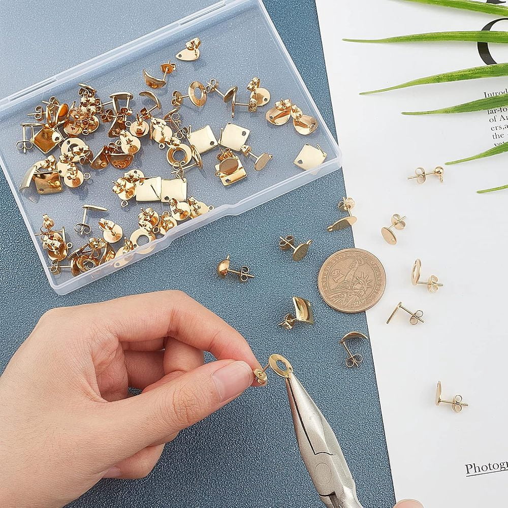 PVD Vacuum Plating 304 Stainless Steel Stud Earring Findings with Silicone Ear Nuts Mixed Shapes Golden 200pcs/Box