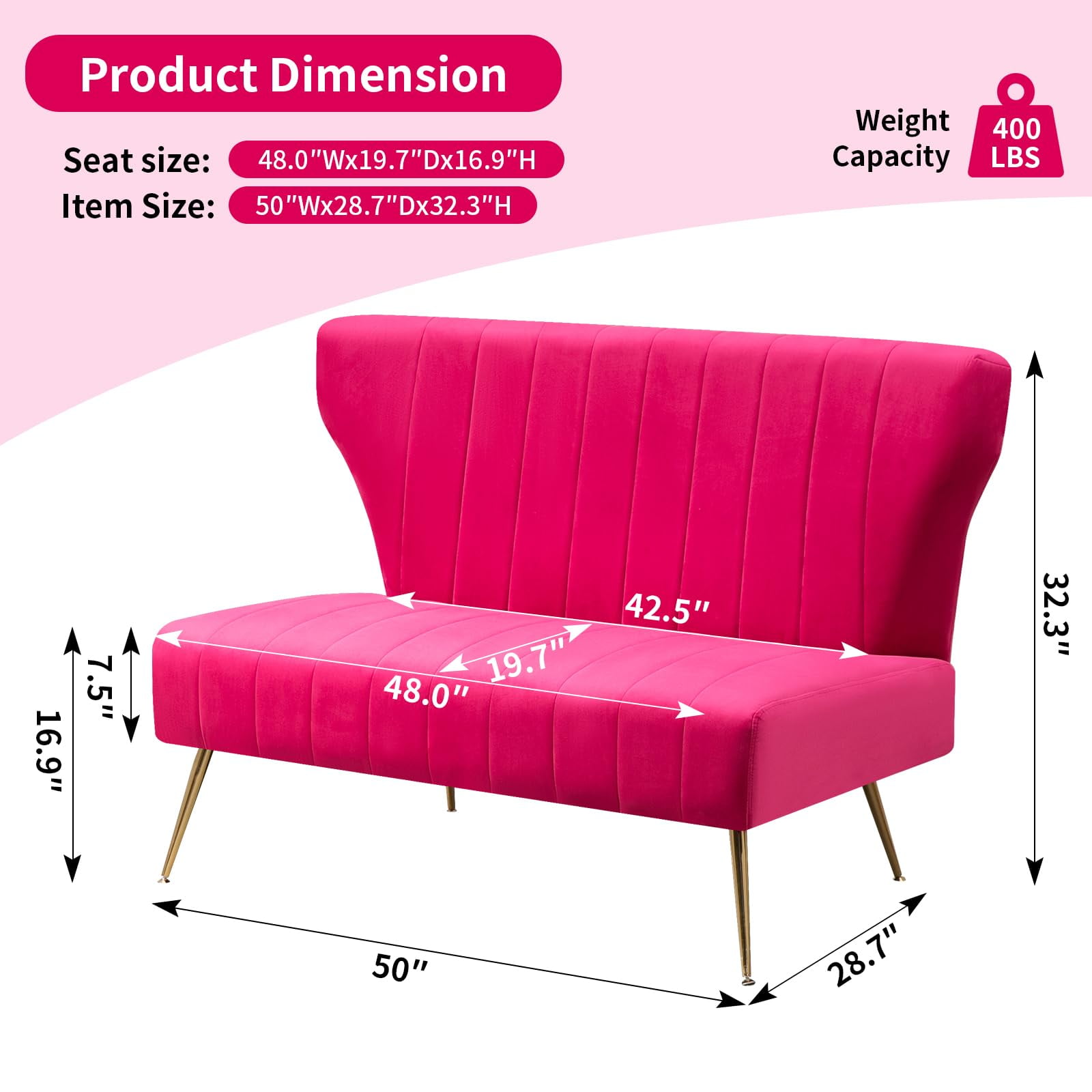 Reception Velvet Loveset Sofa with Golden Legs, Fuschia