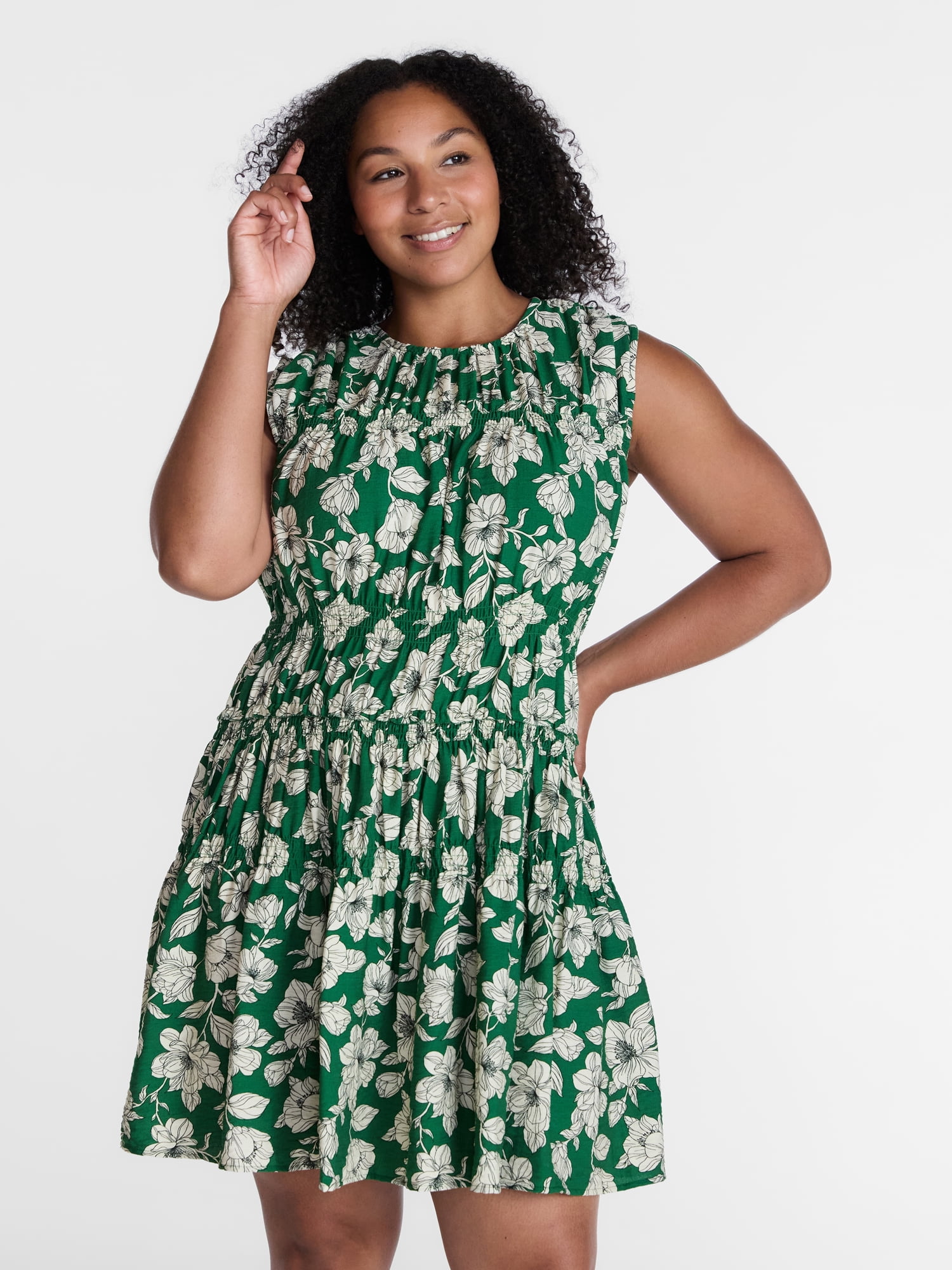 Time and Tru Women's Plus Size Smocked Sleeveless Mini Dress, Sizes 1X-4X