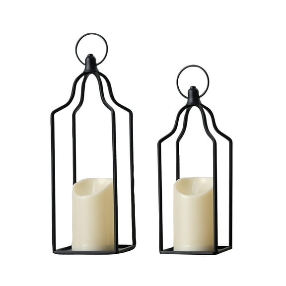Set of 2 Decorative Black Metal Candle Lanterns with LED Flameless Candles for Indoor Outdoor Use, Modern Minimalist Hanging Lanterns for Home, Patio, Garden, Wedding, and Table Centerpiece Decor