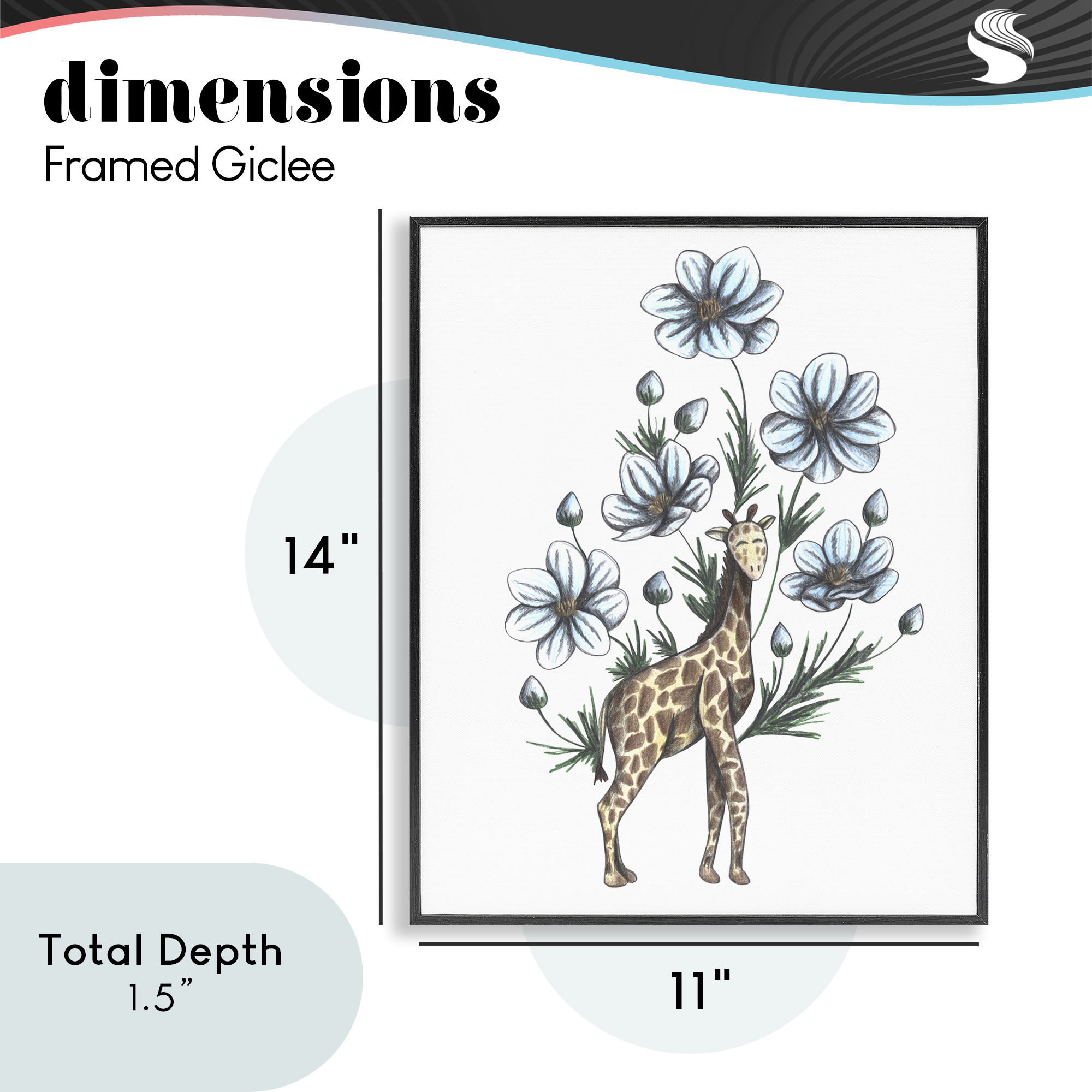 Giraffe with Flower Blossoms Black Framed Giclee Art, design by Cecilia Battaini