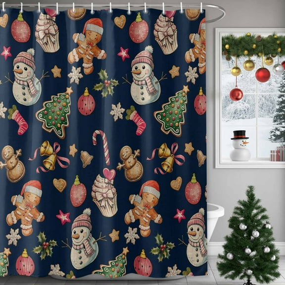 Christmas Shower Curtains for Bathroom, Snowman Gingerbread Man Xmas Tree Candy Navy Blue Waterproof Fabric Shower Curtain for Bathroom Bathtub Decoration, Machine Washable, 72"x72"