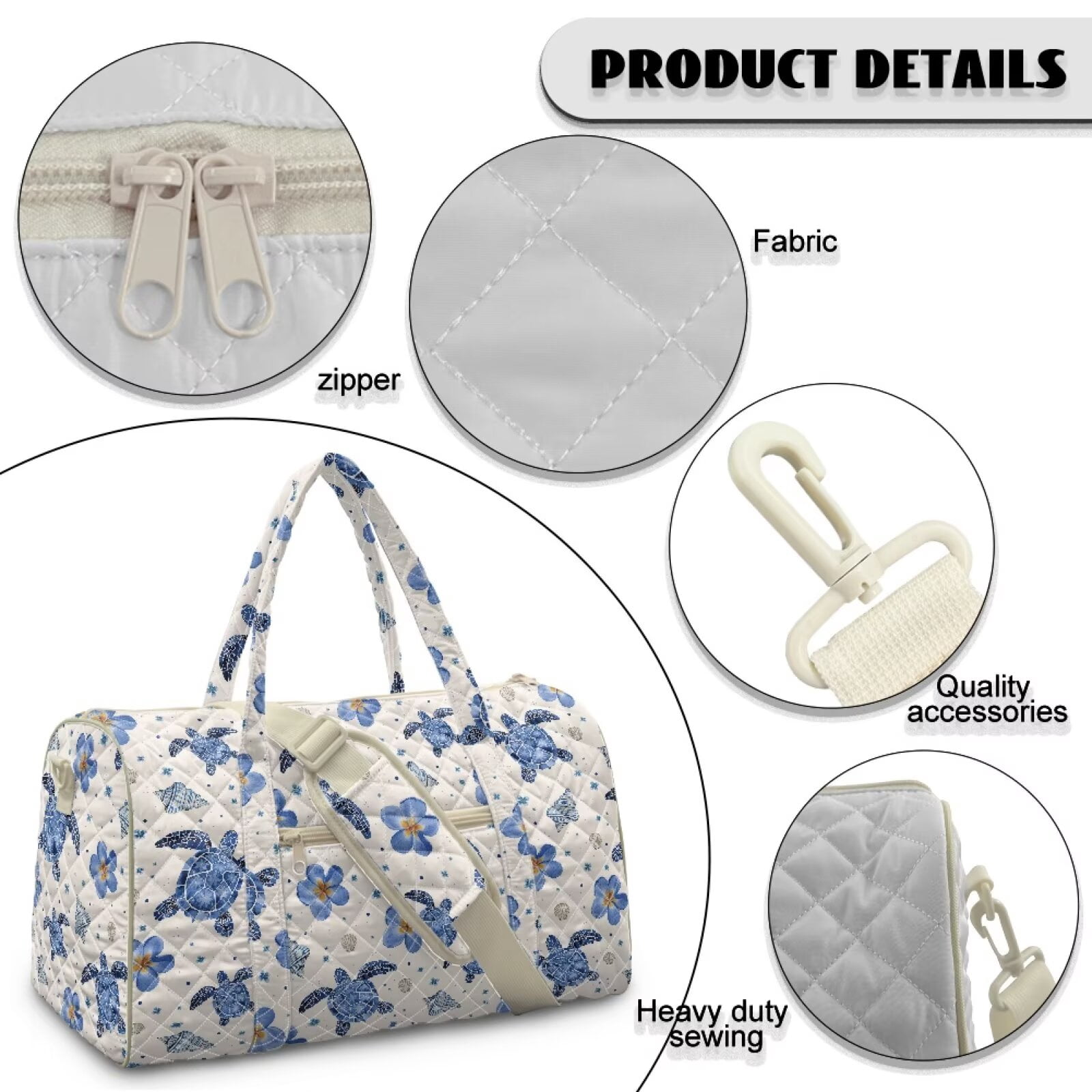 Garronmavis Large Quilted Duffle Bag for Women, Sea Turtle Floral Weekender Bag Travel Overnight Bag, Carry On Gym Dance Tote with Luggage Sleeve