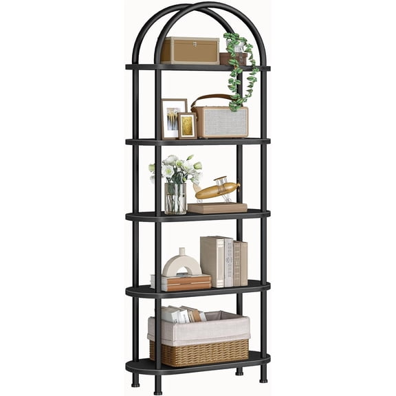 5 Tier Open Bookshelf, Industrial Arched Bookcase Display Shelf Rack, Wooden Bookcase Storage Shelf Metal Frame, Tall Storage Organizer for Home, Easy Assembly
