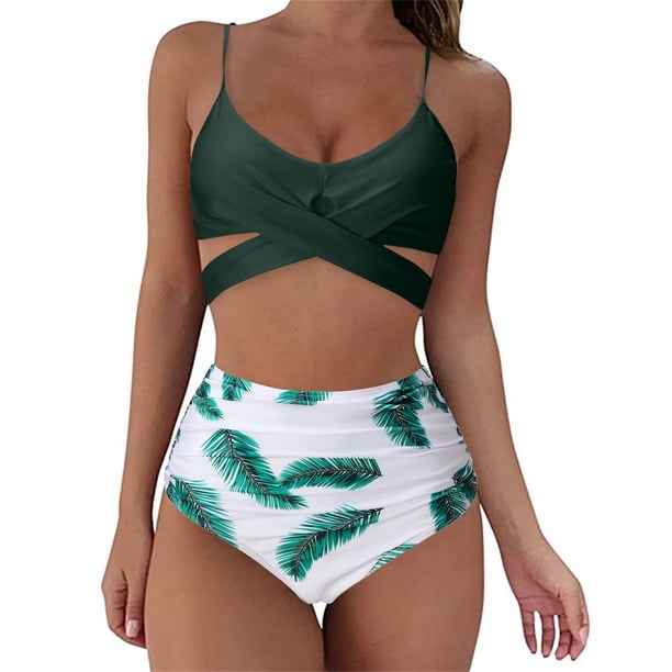 MKLEKYY Trajes De Baño Mujer Short Women Tow Piece Vintage Swimsuit Two Piece Retro Ruched Wrap Front High Waist Print Bikini Set