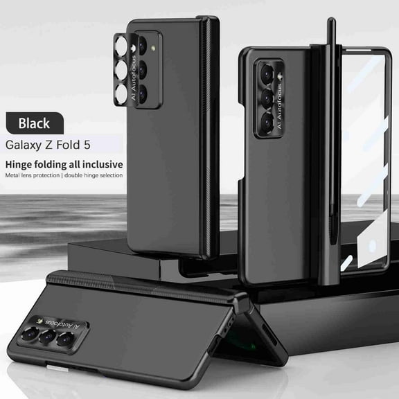 Samsung Galaxy Z Fold 5 Case with Pen Holder & Pen,Hinge Protection Case Samsung Z Fold 5 Case with Screen Protector,Plating Electroplating Full Body Proetction Stand Phone Case,Black