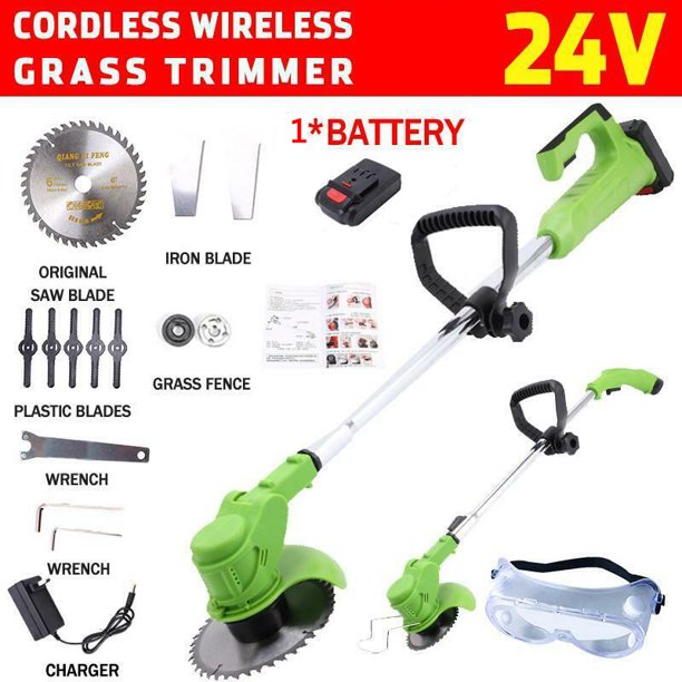 24V Cordless Electric Grass Trimmer with Steel Blades, 1 Battery & 1