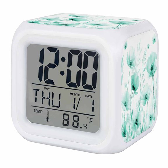 Alarm Clocks Vintage Floral Digital Clock 7 Color LED Night Light Silent Non-Ticking Battery Operated Watercolor Flowers Aqua Cube Clocks Decorative for Bedroom Bedside Living Room Office School