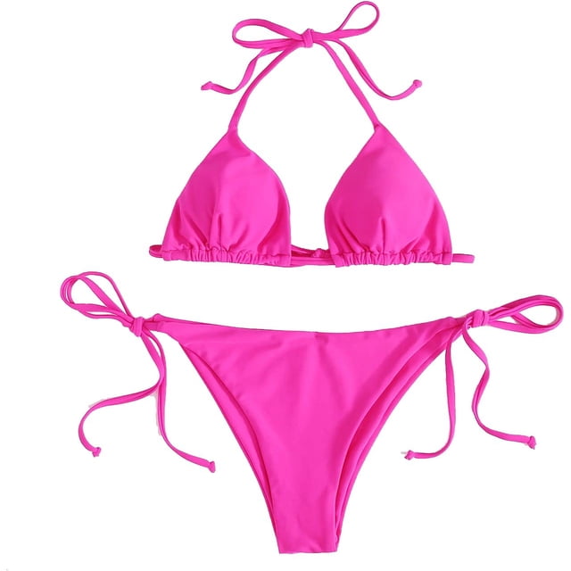 Traje de baño para mujer, conjunto de bikini triangular, con lazo lateral, ropa de playa Rosado sólido CH Rosado sólido CH Xishao ropa