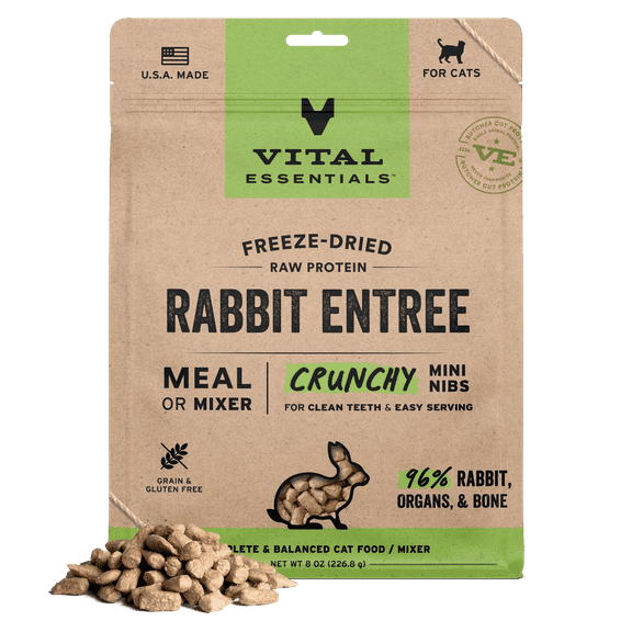 Vital Essentials Freeze Dried Cat Food, Raw Rabbit Crunchy Mini Nibs | Complete Meal or Topper | 96% Rabbit, Organs & Bone | Limited Ingredient, High Protein, Grain Free Dry Cat Food | 8 oz bag
