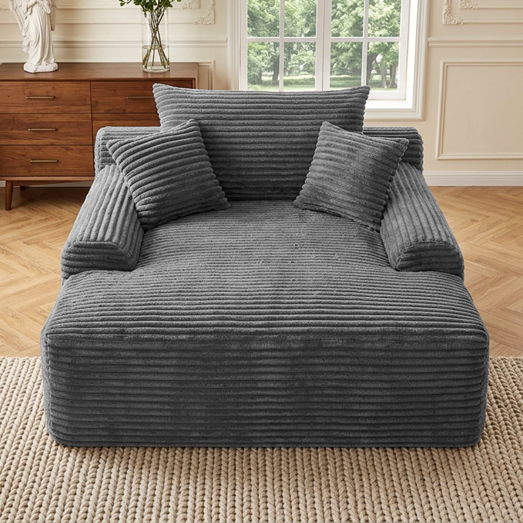 Howcool 65" Oversized Chaise Lounge Chair, Corduroy Boneless Sleeper Sofa Bed with Wide Armrest & Throw Pillows, Deep Seat Lounge Chair for Living Room, Bedroom & Apartment,Grey