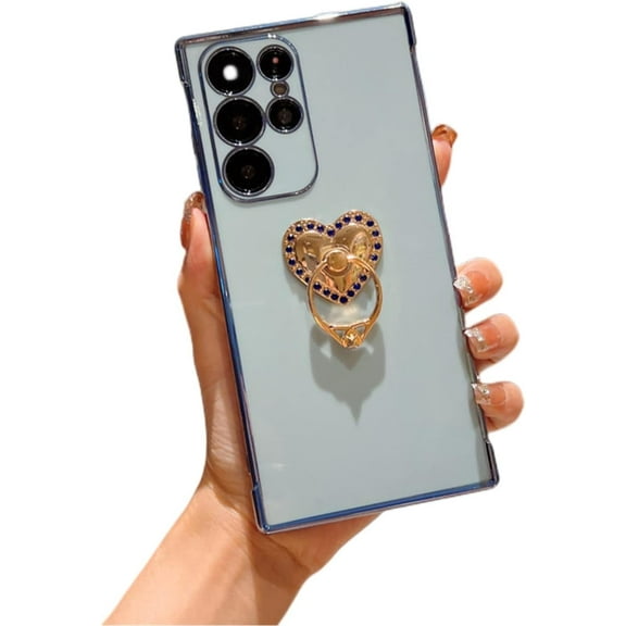 Sleek Light Thin Soft TPU Phone Case for Samsung Galaxy S21 S20 Ultra Plus FE Fashion Love Heart Shaped Finger Ring Holder Shockproof Bumper Protector Cover(Light Blue,S21 FE)