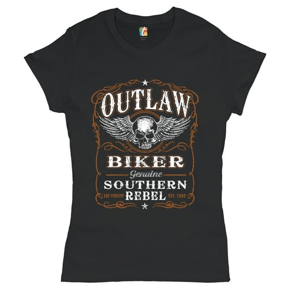 Tee Hunt Outlaw Biker T-Shirt Genuine Southern Rebel Winged Skull Face Women's T-Shirt Tee
