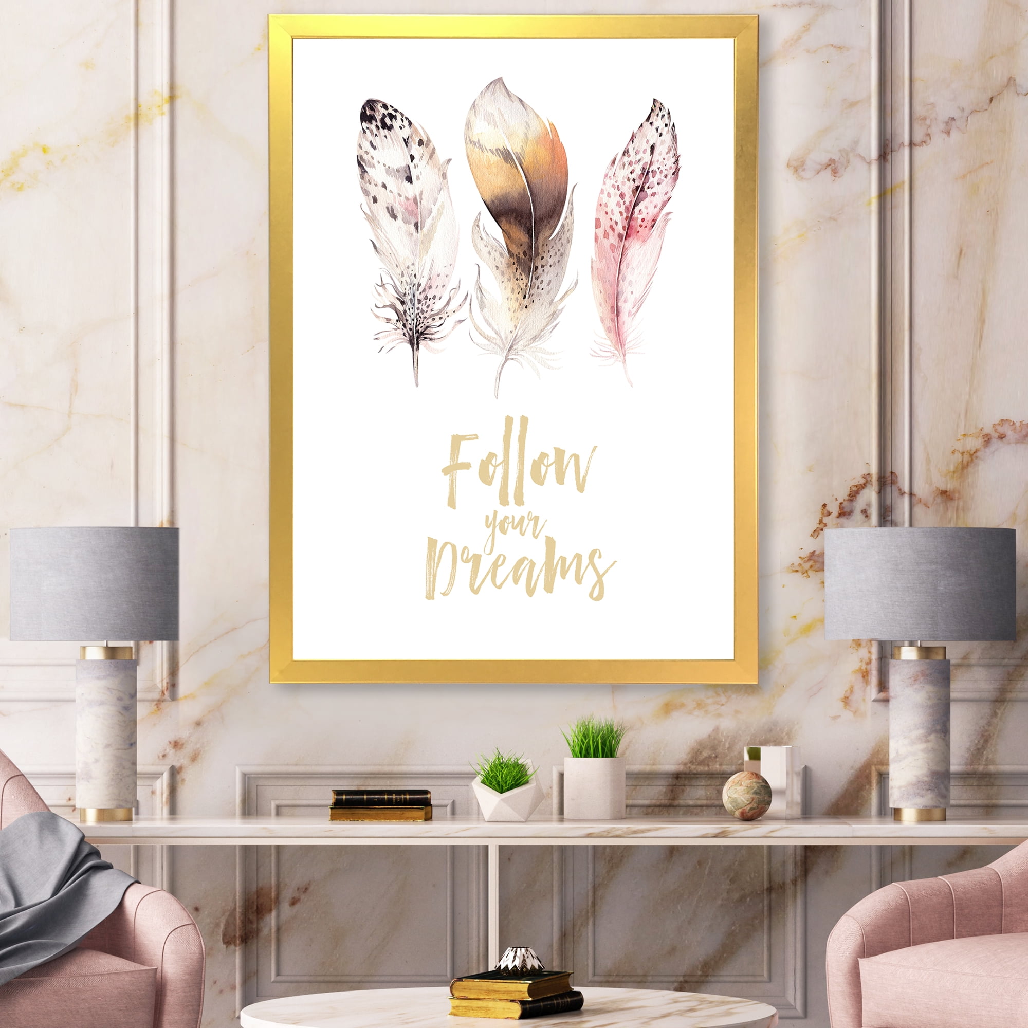 Designart 'Multicolored Boho Art Feathers Follow Your Dreams' Bohemian & Eclectic Framed Art Print