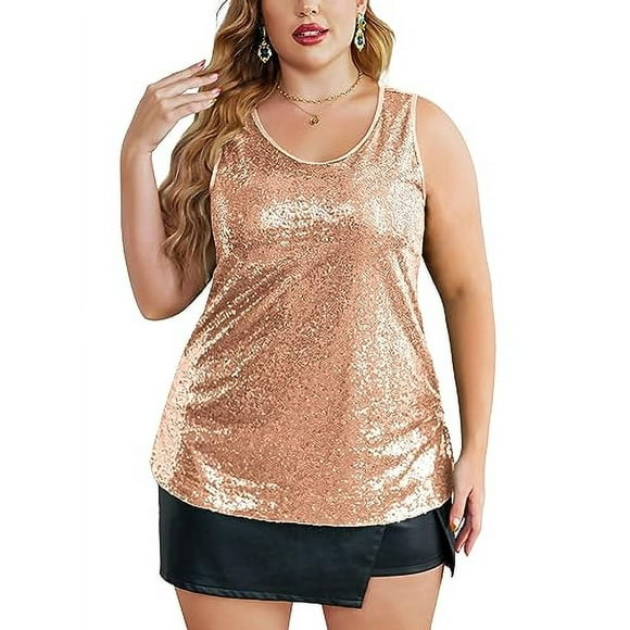IN'VOLAND Women's Sequin Tops Plus Size Glitter Tank Top Sleeveless Sparkle Shimmer Shirt Tops Camisole Vest Rose Gold