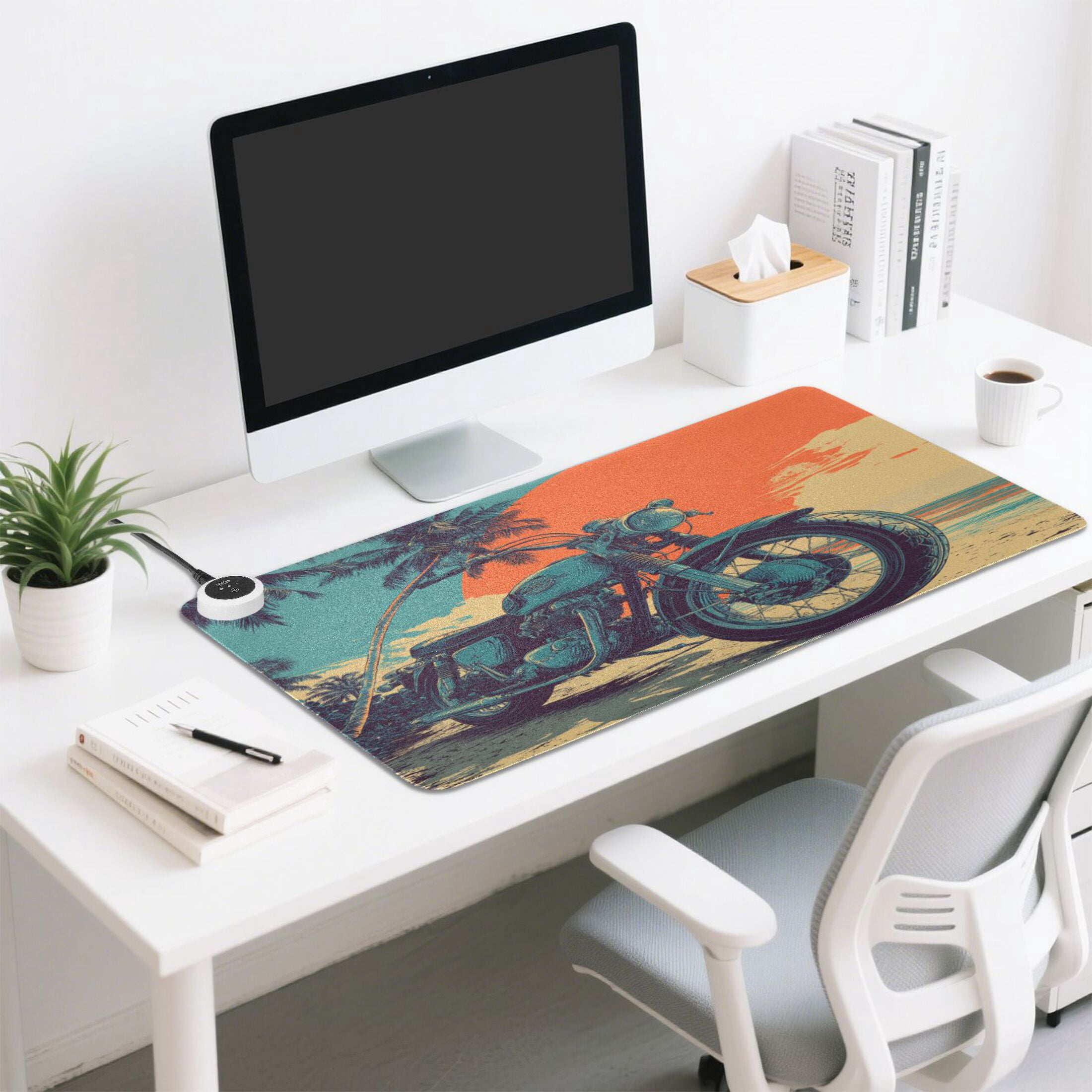 Large Heated Desk Mat Mouse Pad 31.5"x13"PU Leather Graphene Heating Desk Warmer with 3 Temperature Settings 110V US Plug Non-Slip Warm Pad for Home, Office, and Gaming Retro Bike Tropical Sunset