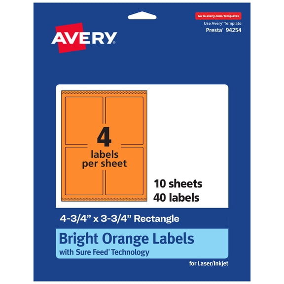 Avery Printable Rectangle Labels, Bright Orange, 4.75" x 3.75", 40ct