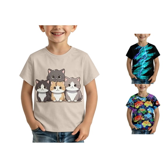 RTKFRFLM Boys Cute Cat T-Shirt Playful Kitten Animal Graphic Print Crewneck Short Sleeve Casual Summer Play Tee 1-13Y