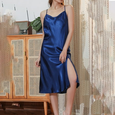 VONCOS Women Sleepwear- Sexy Lingerie Nightgown Sling Lace Pajamas Summer Sleeveless Off-The-Shoulder Silk Satin V Neck Thin V-Neck Babydoll Nightshirt for Women Dark Blue Size L