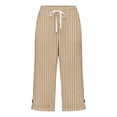 thumbnail image 6 of Women's Cotton Loose Straight Pants with Pockets, Mid Elastic Waist Drawstring, Side Slits Buttoned, Casual Business Beach Lounge Capri Pants | VerBelle,Khaki S, 6 of 6