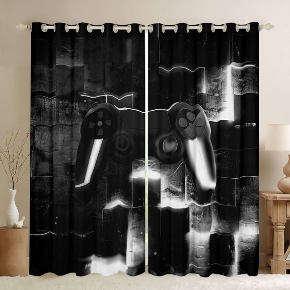 Homewish Neon Game Console Curtains Pack of 2 (42x84 Each) for Boys, Neon Black Grey Square Curtains Blackout, Futuristic Gamepad Bedroom Curtains, Blackout Curtains Bedroom Decor