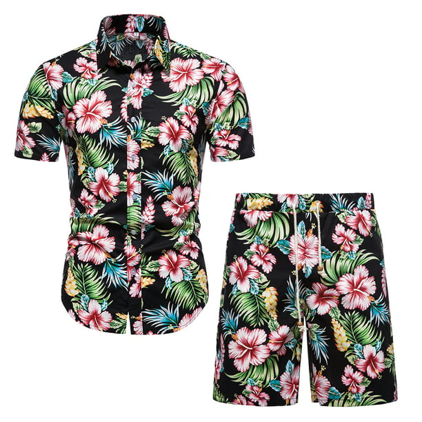 Mens Hawaiian Shirt and Short Sets Outfits 2 Piece Casual Beach Floral ...