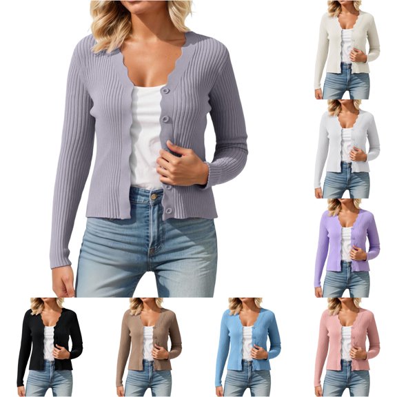 HCYSFG Womens Ribbed Cardigan Round Neck Button Front Long Sleeve Slim Fit Lightweight Knit Sweater Everyday Layering Tops