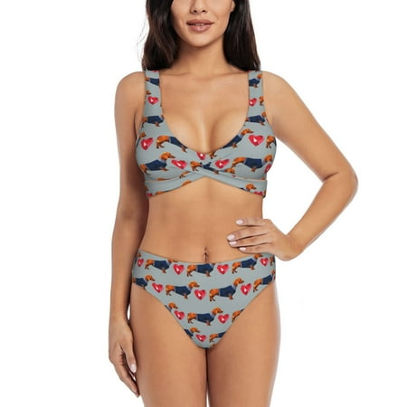 Zeuib Dachshund Dog Heart High Waisted Tummy Control Bikini Set - Knot Front Push Up Top & Cheeky Thong Bottom  Two-Piece Swimsuit for Women-Large