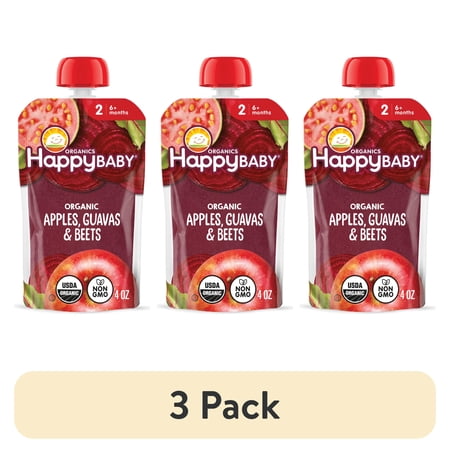 (3 pack) Happy Baby Clearly Crafted, Stage 2 Organic Baby Food, Apples, Guavas & Beets, 4 oz. Pouch
