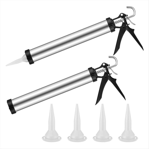 Pistola de Calafateo para Salchichas, Paquete de 2, de Aluminio, Inalámbrica, de 20 Oz, con 4 Boquillas Cónicas, Kit de Calafateo Manual Plateado.
