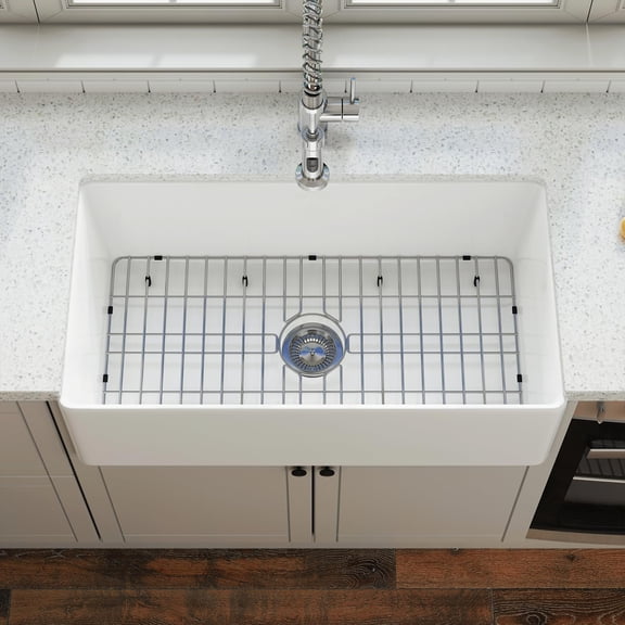 Sinber  Farmhouse Apron Single Bowl Kitchen Sink with Fireclay White Finish 33" x 18" x 10" - White