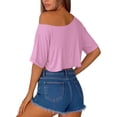 thumbnail image 2 of AKOEE Crop Tops for Women Loose Casual Off Shoulder Wide Boatneck Short Sleeve Summer Cute Tee Shirts (S, Pink), 2 of 6