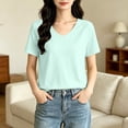 thumbnail image 2 of Fengqque Womens Short Sleeve Tops V Neck Summer T Shirt Casual Basic Tees Solid Color Trendy Tops Green L(L), 2 of 6