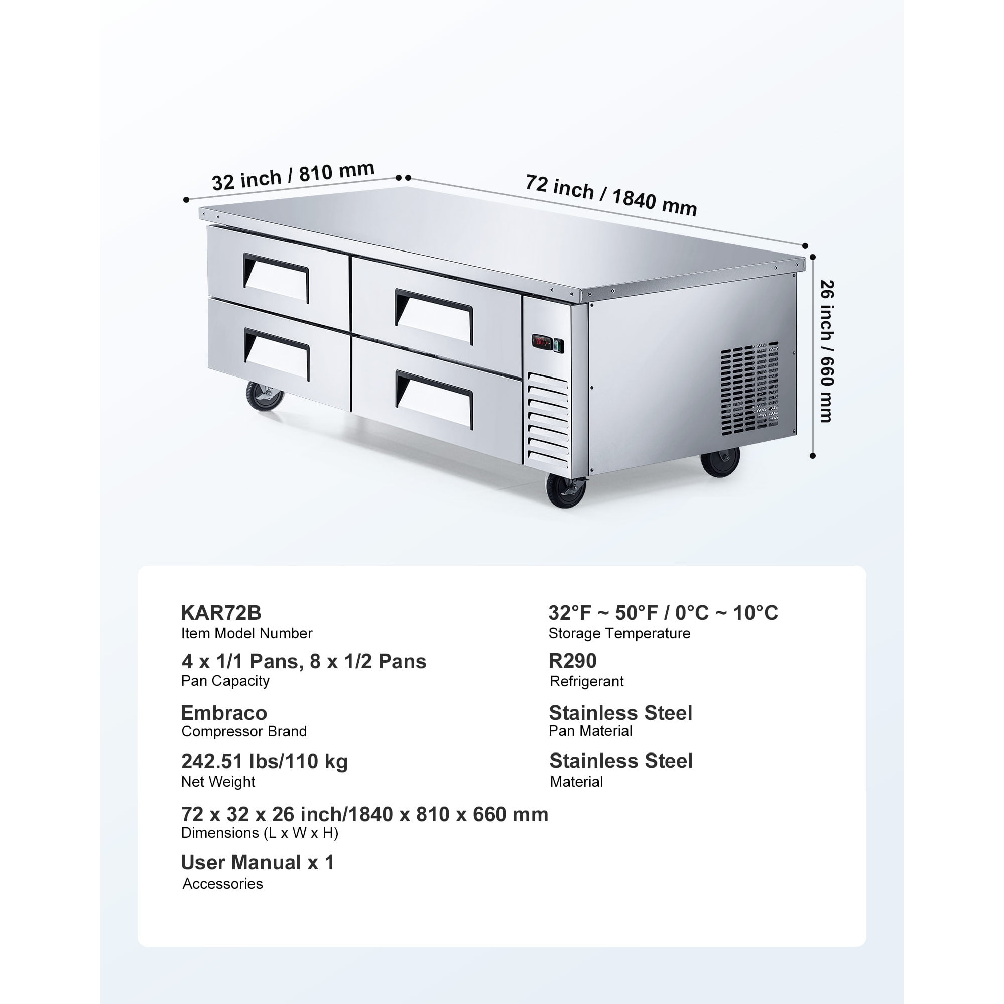 KFFKFF 72" W Commercial Chef Base Refrigerator, 4-Drawer Worktop Fridge with 12 Pans, Stainless Steel Under-Counter Refrigerated Unit with Durable Design and Sleek Door Handle