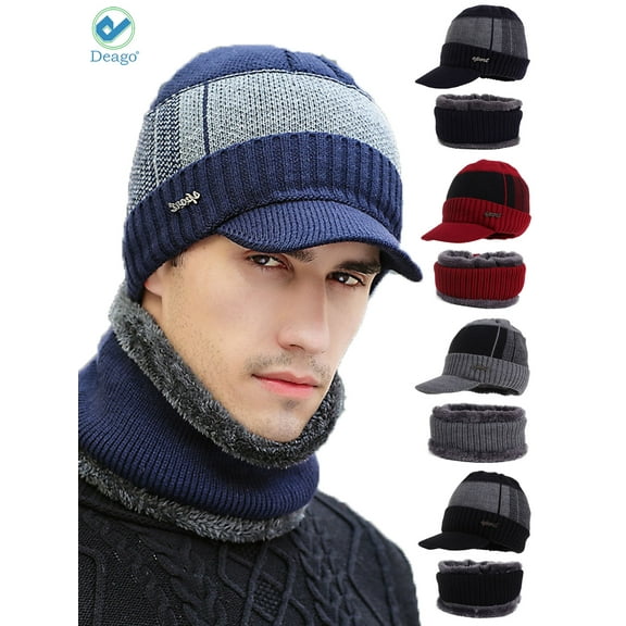 Deago Unisex Winter Beanie Hat Scarf Set Warm Knit Hat Thick Fleece Lined Billed Beanie with Brim Cap for Men Women (Black)