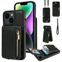 Feishell for iPhone 14 Crossbody Wallet Phone Case with Hand Strap & Shoulder Strap,Premium PU Leather RFID Blocking Card Slots Zipper Pocket Back Purse Kickstand Phone Case,Black