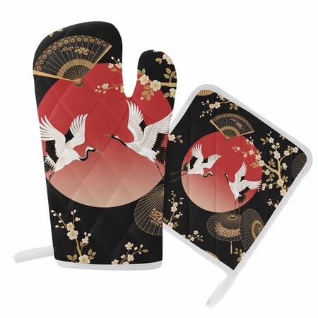 Oven Mitts and Pot Holder Set for Kitchen Cherry Blossom Crane Kitchen Oven Gloves Heat Resistance Non-Slip Surface Potholders Paper Fan Japanese Style Hot Pads Sets for Cooking Baking Grilling BBQ