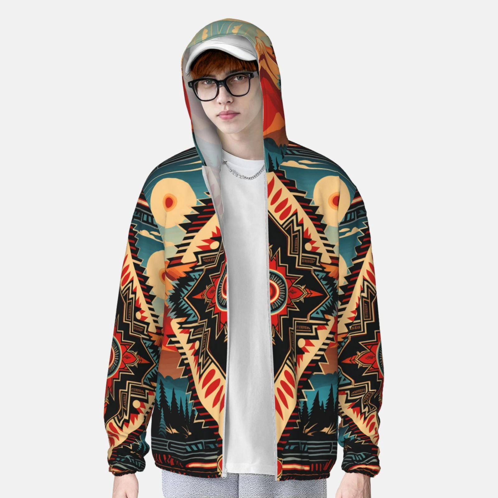 Women Men Sun Protection Hoodie Jacket Zip Long Sleeve Shirt Hiking Outdoor , Aztec Baja Southwest Western Native Cool