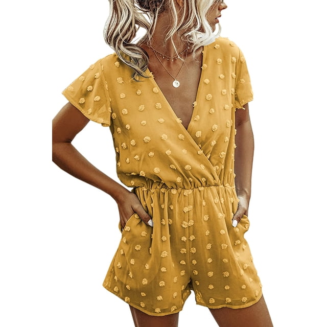 Women's Rompers-Summer Deep V Neck Wrap Floral Polka Dot Short Sleeve Beach Short Jumpsuit